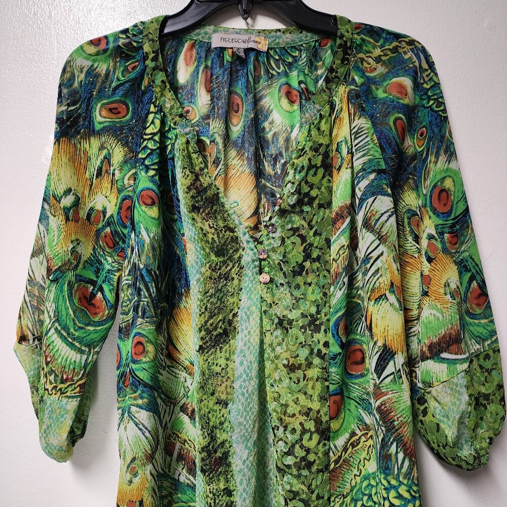 Figueroa & flower rayon abstract print sheer tunic top small vibrant cool boho